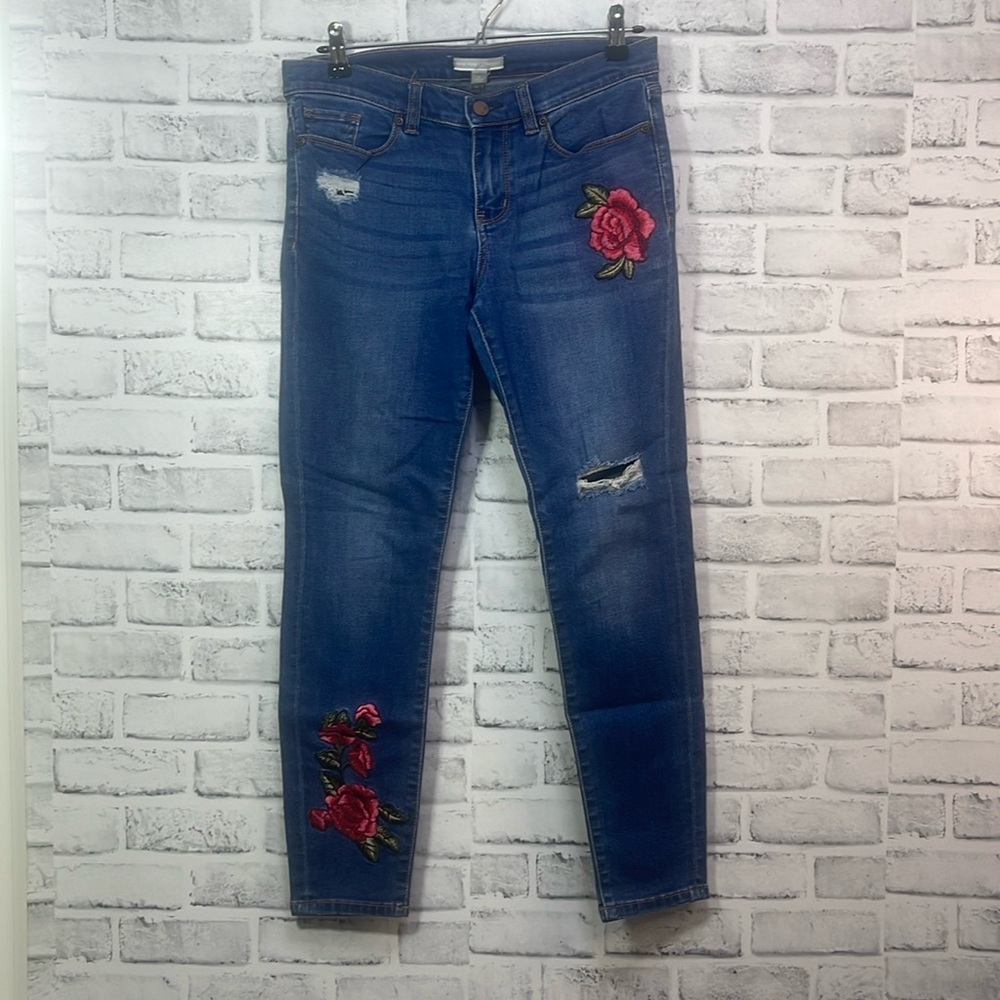 NY Co Distressed Floral Embroidery Skinny Jean 6
